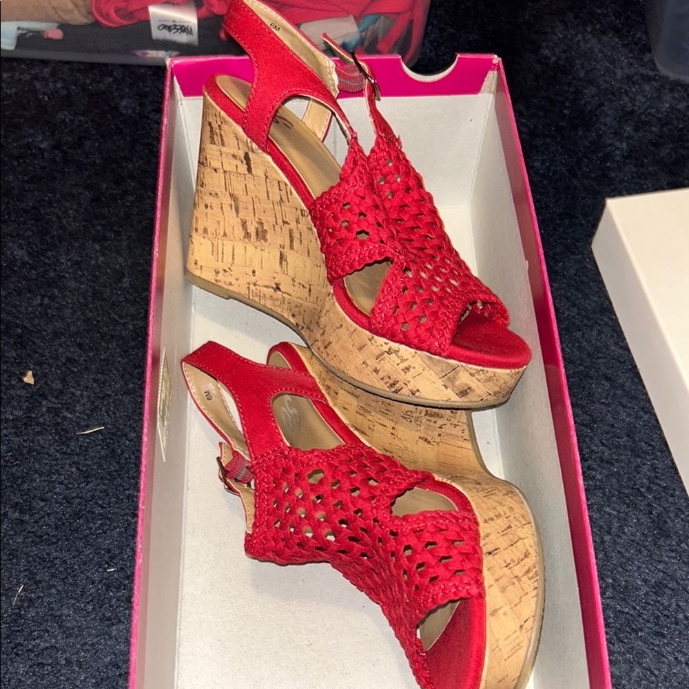 Red Woven Wedge Sandals